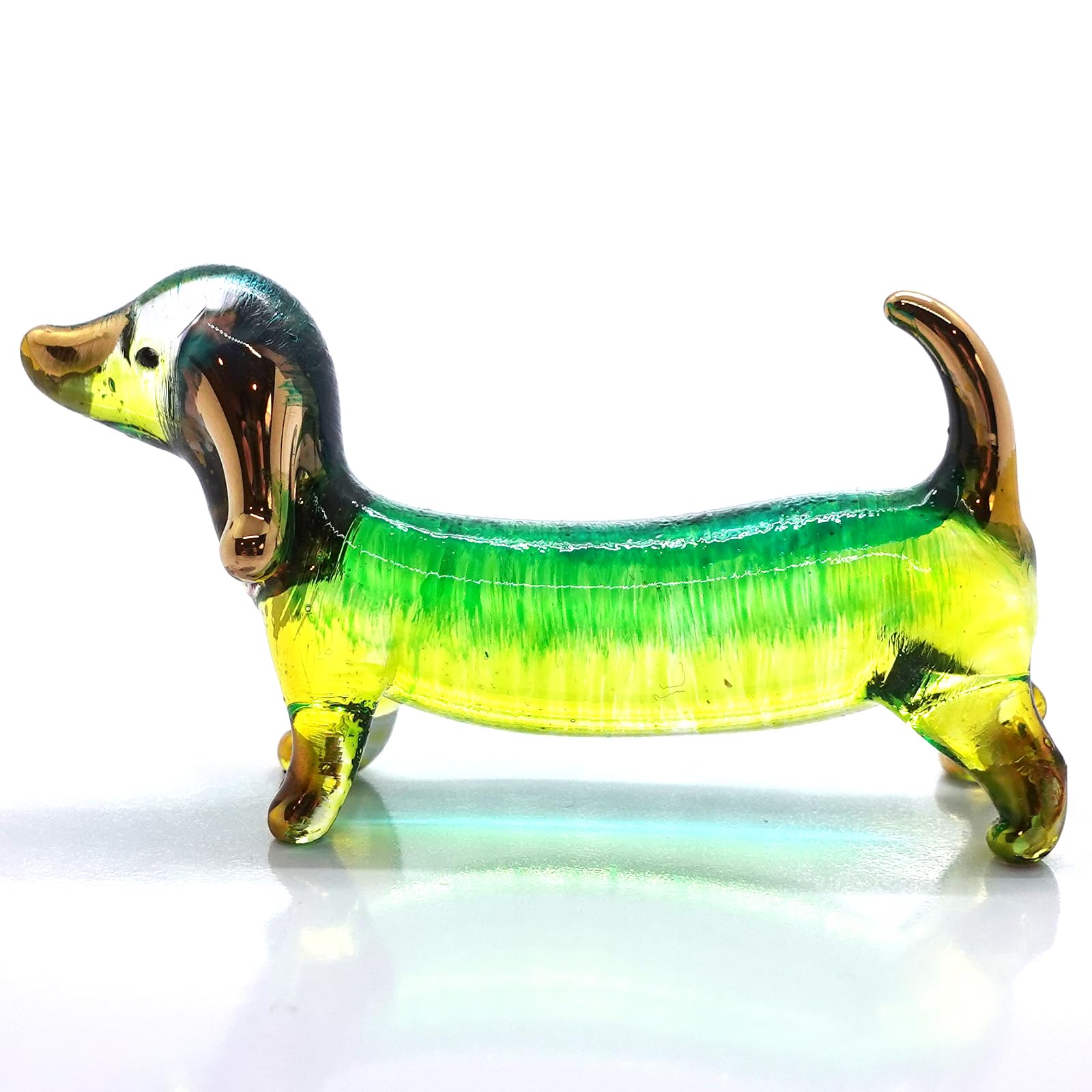 Sansukjai Dachshund Miniature Figurines Dog Animals Hand Painted Blown Glass Art Gold Trim Collectible Gift Decorate, Blue Green (Old)