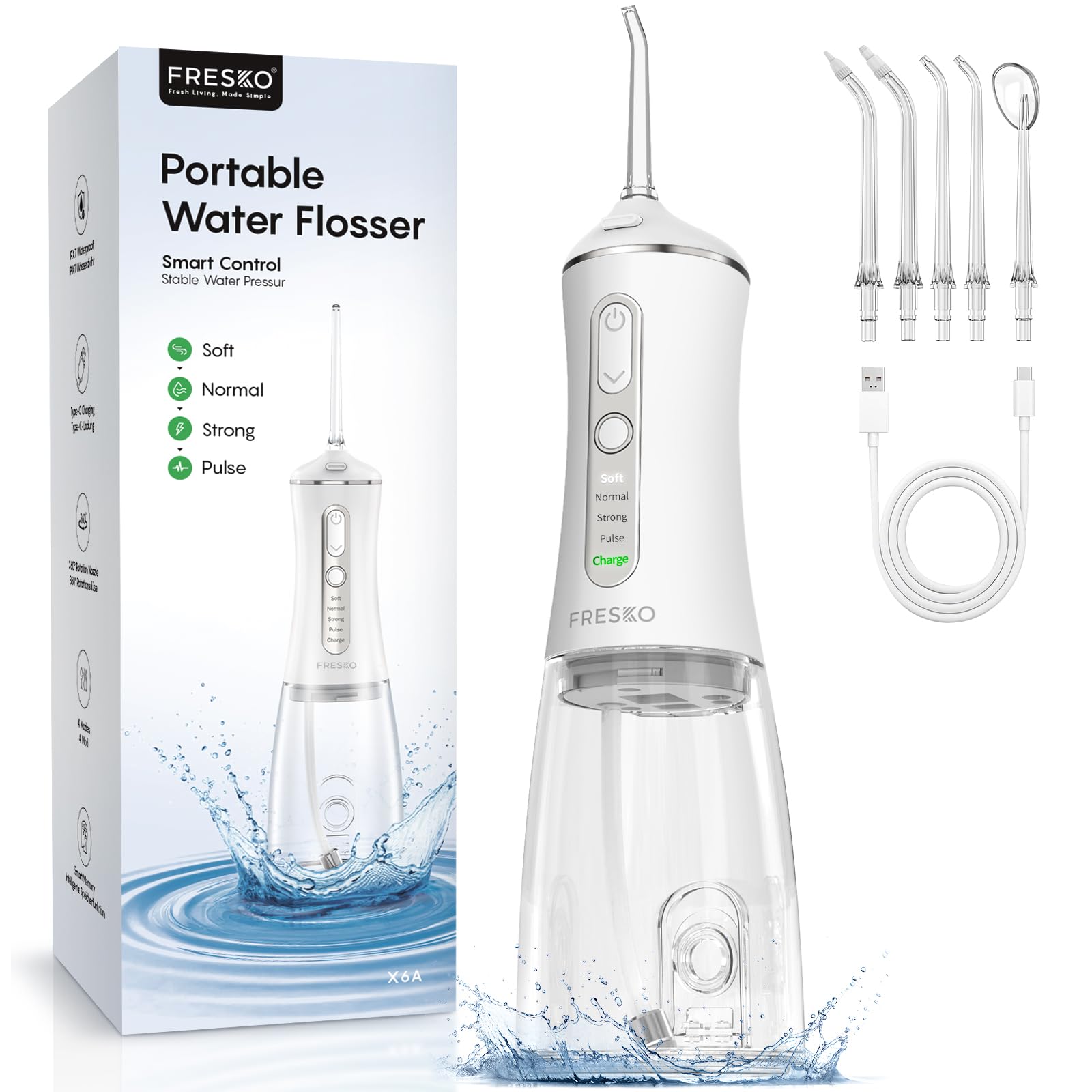 FRESKO Water Dental Flosser for Teeth, 300ML Cordless Flosser with Constant Pressure, Rechargeable Oral Irrigator Cleaner for Travel Home Use and Braces Care, IPX7 Waterproof, 5 Jet Tips