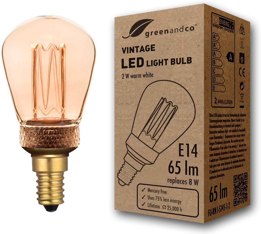 greenandco Decorative LED Vintage Light Bulb, E14 St45 Amber