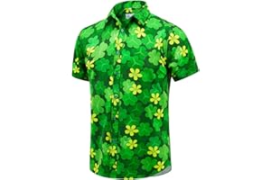 EUOW St. Patrick's Day Hawaiian Shirt for Men Irish Printed Casual Short Sleeve Button Down Beach Shirts