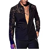WDIRARA Men's Floral Lace Button Down Shirt See Through Long Sleeve Collared Top Sexy Clubwear