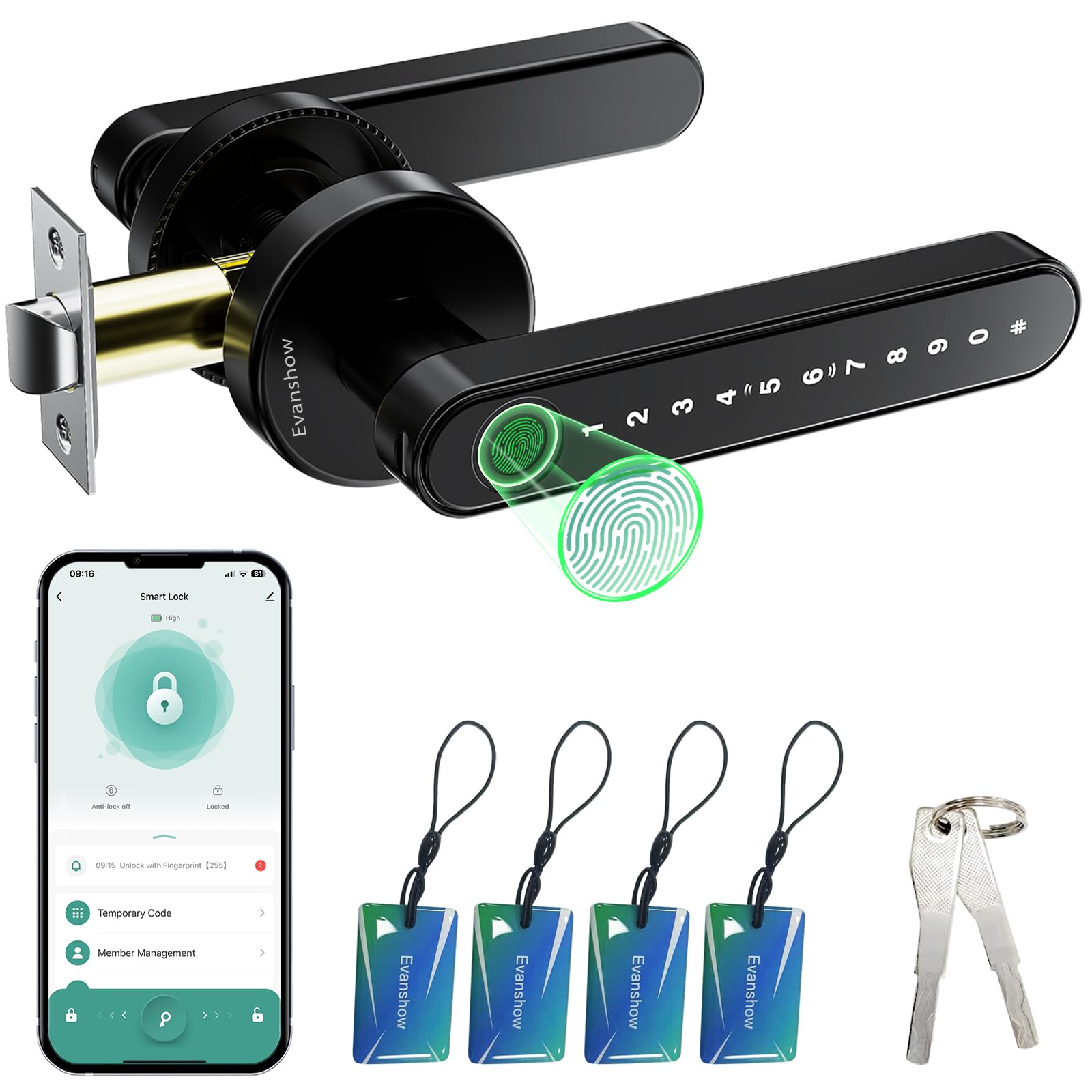 Photo 1 of MISSING KEYS-----------Evanshow Smart Door Lock with Knob, Keyless Entry Door Locks with Handle, Fingerprint Door Knob for Bedroom/Front Door/Apartment,Generate Passcode Remotely