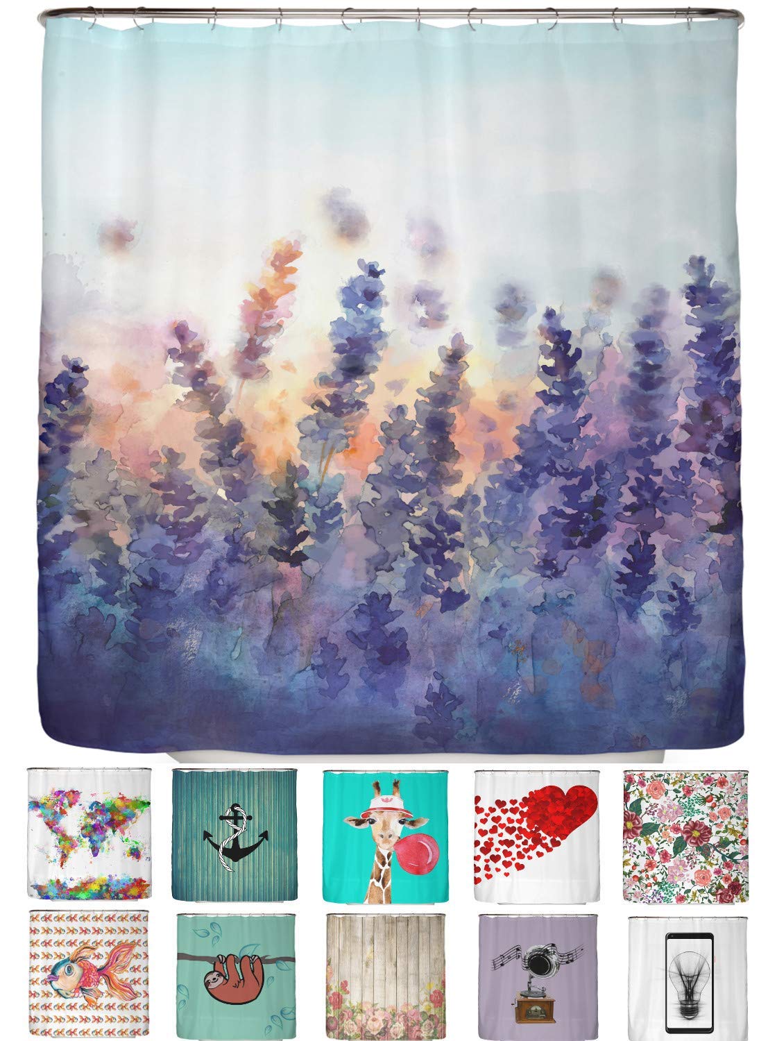 arteneur® - Lavender - Anti-Mould Shower Curtain 180 x 200 cm - Recycled with Oeko-Tex Standard 100 - Weighted Hem, Opaque, Waterproof, Washable, 12 Rings & E-Book (English language not guaranteed)