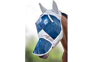 Harrison Howard CareMaster Ergonomically Designed Thick Fleece Padding Fly Mask Full Face Silver/Blue Retro (M; Cob)