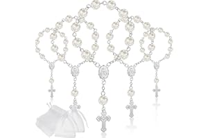 JADIVE 30 Pieces Mini Rosaries Baptism Rosary Beads Acrylic Ivory Color Finger Baptism Rosaries Faux Pearls with Organza Bags for Christening Weddings Party Favors