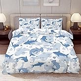 Delerain Comforter Cover Set Queen Size, Whale and White Shark 3-Piece Bedding Set for Women Men Modern Soft Microfiber Bedroom Set Room Decor, 1 Duvet Cover + 2 Pillowcases