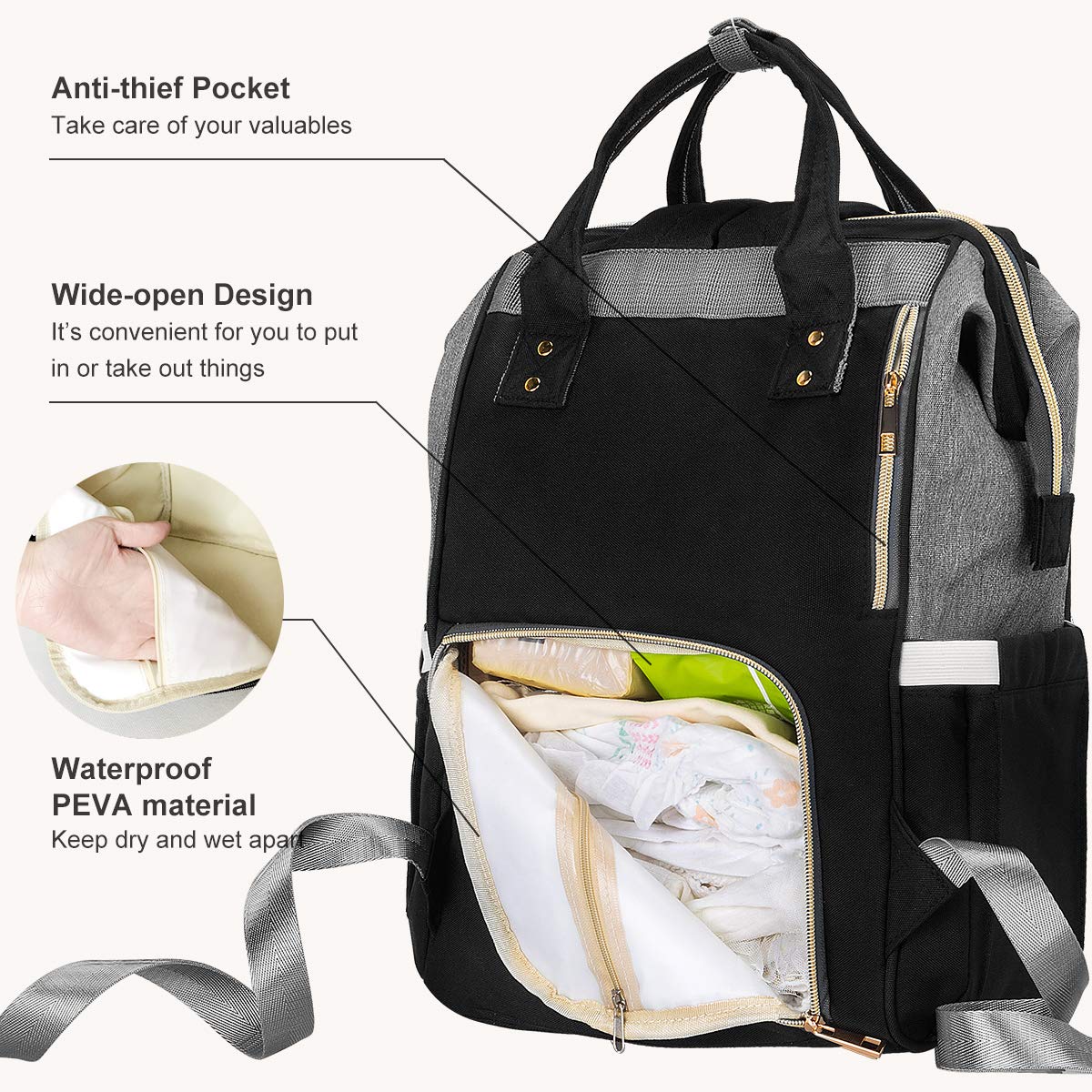 Landuo Diaper Bag Multi-Function Waterproof Travel Backpack Large Nappy Bags for Baby Care, Large Capacity, Stylish and Unisex (Grey-Black)