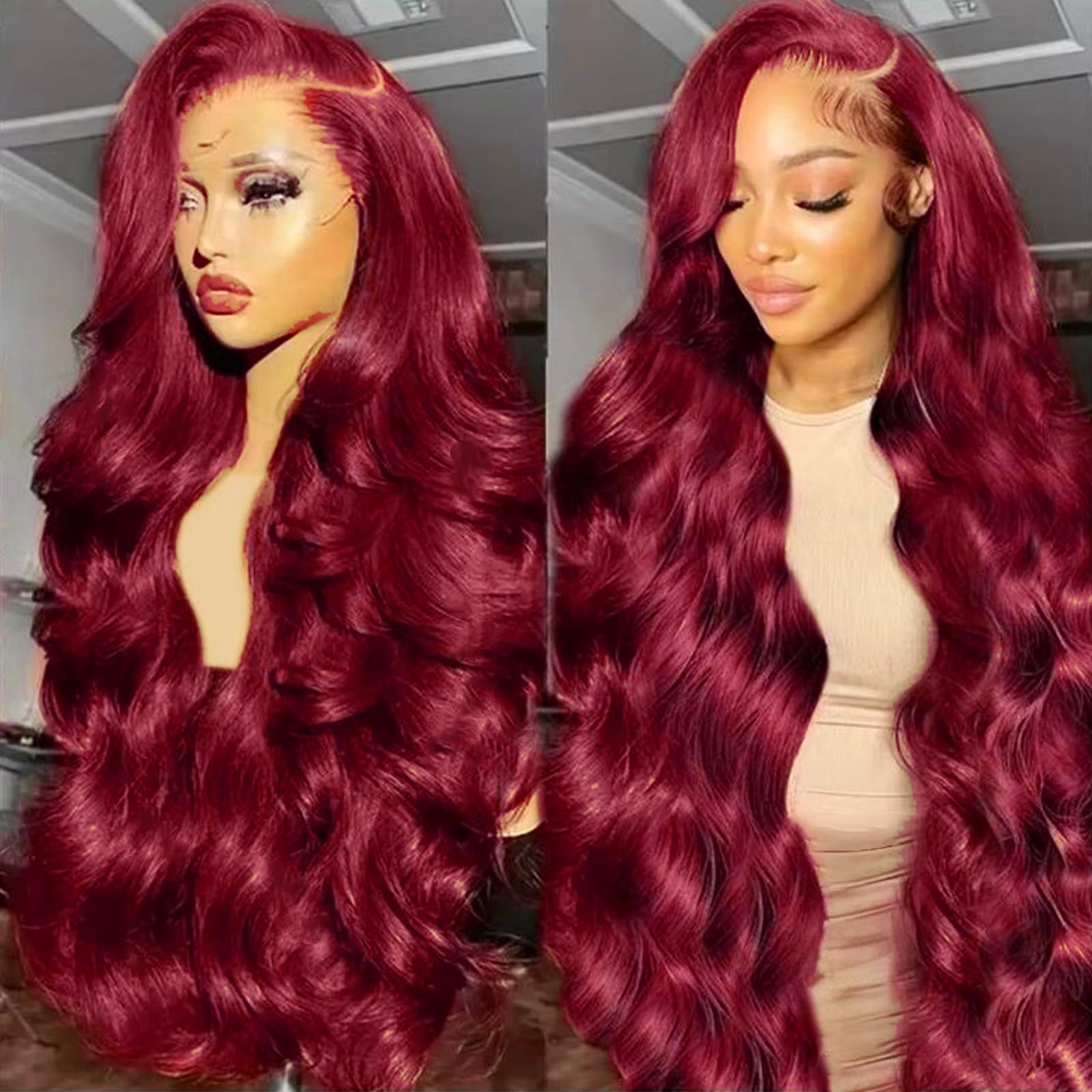 Photo 1 of xaziudi 99J Burgundy Lace Front Wigs Human Hair 13X4 HD Burgundy Wig 200% Density Pre-Plucked Red Wig Human Hair For Women 26 Inch
