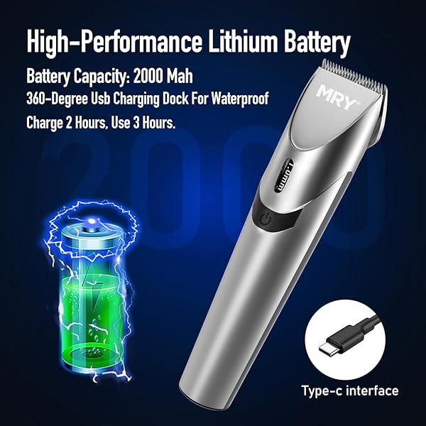 MRY CORDLESS HAIR CLIPPERS FOR BARBER CLIPPERS PROFESSIONAL WATERPROOF LCD HAIR CLIPPERS STAINLESS STEEL BLADE USB RECHARGEABLE FOR MEN WOMEN HAIR CUTTING (SILVER COLOR)