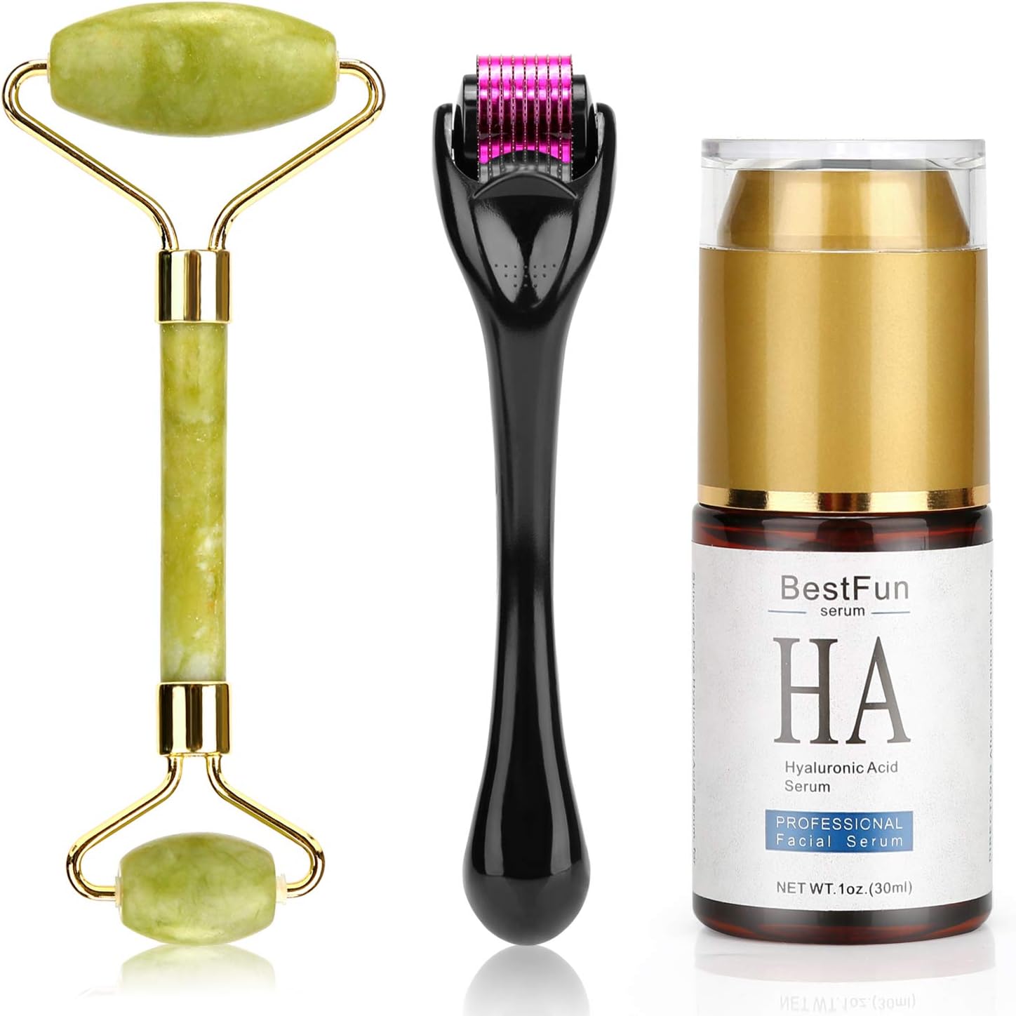 Bestfun Derma Roller 0.5MM, Jade Roller & Professional Face Hyaluronic Acid Serum Kit - 3 In 1 Set, Titanium Facial Micro Needling, Cooling Natural Stone Jade Wand, Hyaluronic Acid Serum