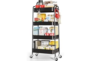 TOOLF 4-Tier Metal Rolling Cart with Wheels, Storage Utility Organizer Cart for Kitchen, Bathroom, Office, Baby Essentials & Makeup - Lockable Casters, Easy Assembly, Large Capacity, Black