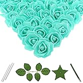 Vignor 100 Pcs 3 Inch Artificial Flowers Bulk 5 in 1 Set Faux Foam Fake Rose Head Wedding Decoration Bridal Shower Centerpiece Arrangement Wall Table Decor DIY Craft (Teal Green)