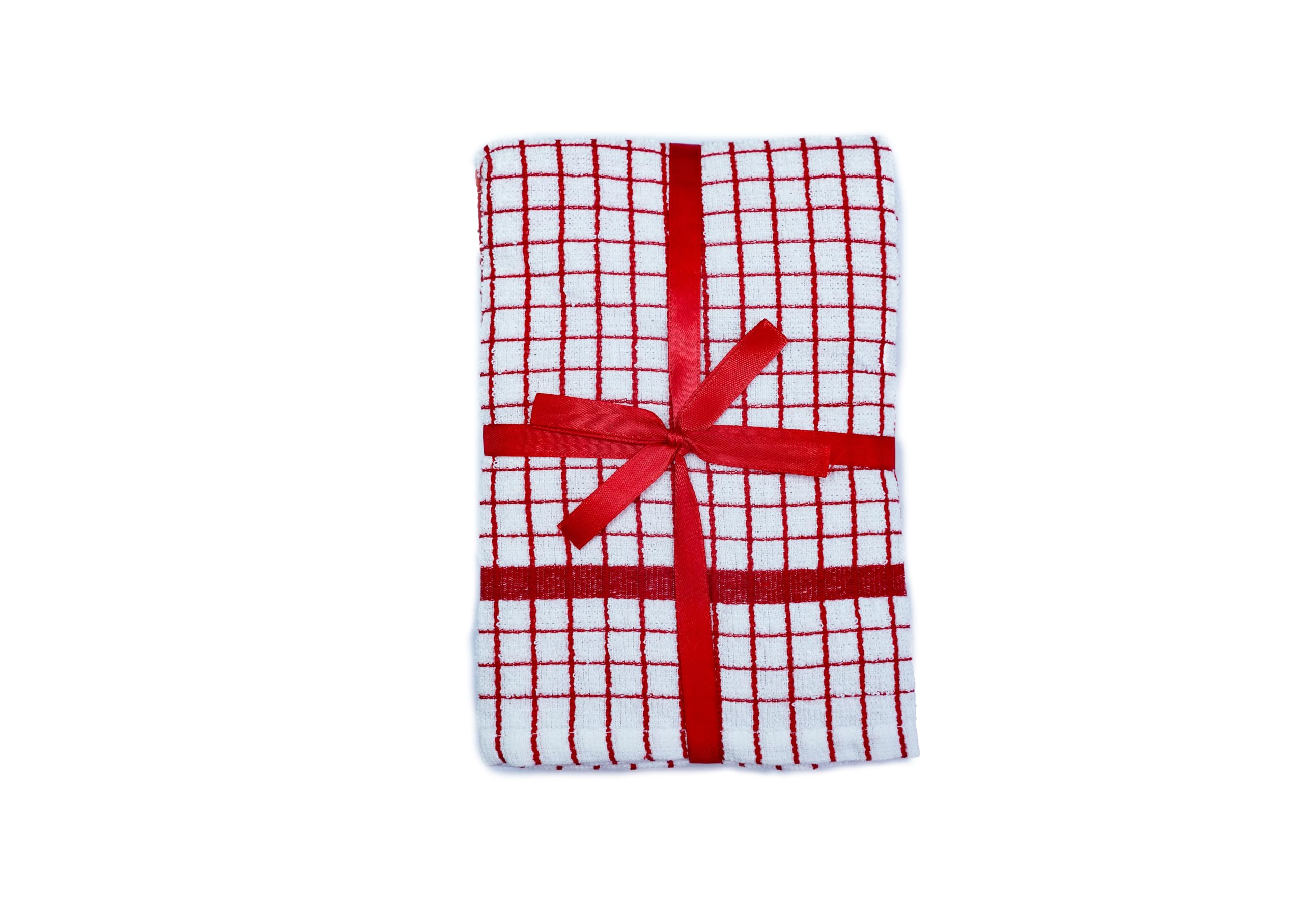 QUALITY HOME TEXTILES 100% Cotton Large Luxury Terry Towelling Tea Towels | Pack of 3| Kitchen Hand Towels Dish Cloth Super Absorbent Soft Touch | Hanging Loop | Gift Packed Tea Towels (RED)