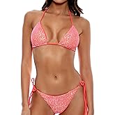 Women's Shiny Triangle Bikini Set Sequin Halter String Backless Tie Side Two Piece Swimsuit Bathing Suit