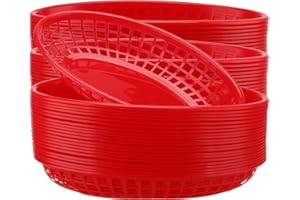HOZEON 60 Pack 8.9 x 5.5 Inches Red Fast Food Baskets, Plastic Food Serving Baskets, Oval Bread Fry Basket Deli Baskets Resta