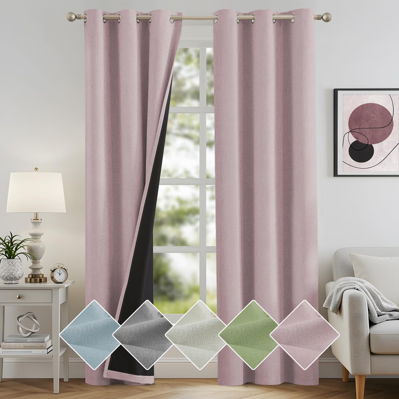 melodieux 100% blackout linen textured curtains, pink black out curtains 72 inch length thermal insulated drapes for bedroom/living room, grommet top and black back, 42" w x 72" l(2 panels)