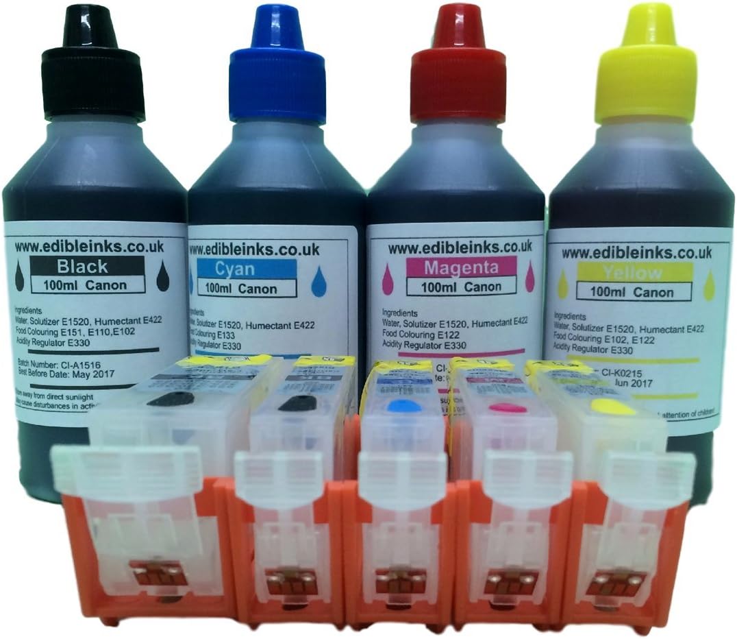 Edible ink refillable cartridge kit consisting of, a set of 5 empty refillable edible ink cartridges and 400ml of edible ink for use on Canon printer models IP3600, IP4600, IP4700, MP540, MP550, MP560, MP620, MP630, MP640