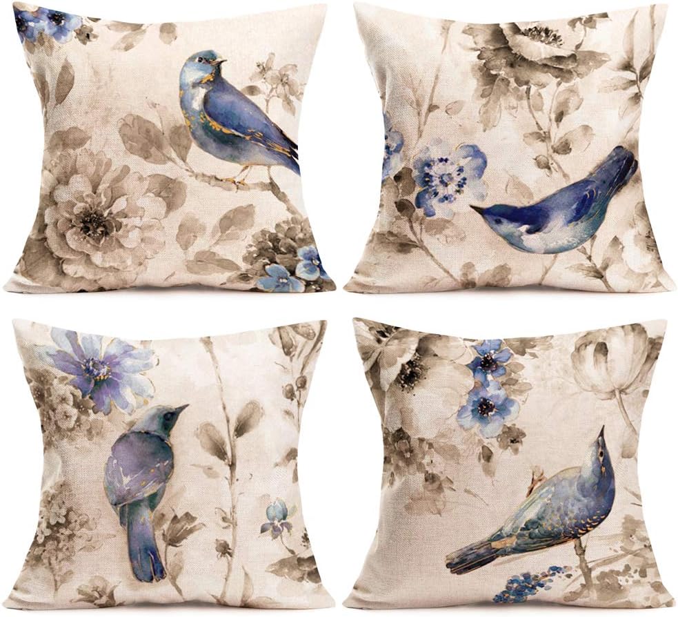 AremetopThrow Pillow Covers Watercolor Ink Painting Art Adorable Animal Sparrow Bird Flower Leaves Throw Pillow Case Square Outdoor Pillows Decorative Cotton Linen Cushion Cover 18’’x18’’ Set of 4