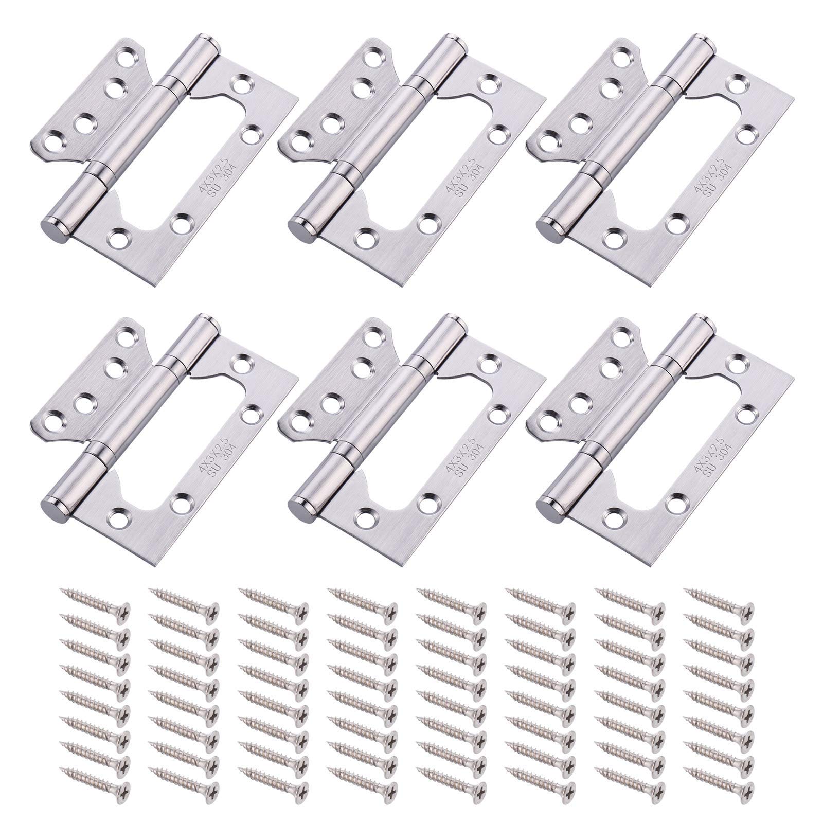 JIZZU 6Pcs Door Hinges 72mm x 105mm, Heavy Duty 304 Stainless Steel Flush Hinge, Ball Bearing Butt Door Hinges Brushed for Gate, Windows, Closet, Drawer, Boxes Internal External Doors