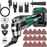 KIMO 20V Cordless Oscillating Tool, Brushless Oscillating Power Multi-Tools | 5000-21000 OPM, 6 Speeds &amp; 3&deg;Oscillating Angle, 2.0Ah Batteries, Fast Charger, Dual Handle &amp; LED Light, 26Pcs for Cutting