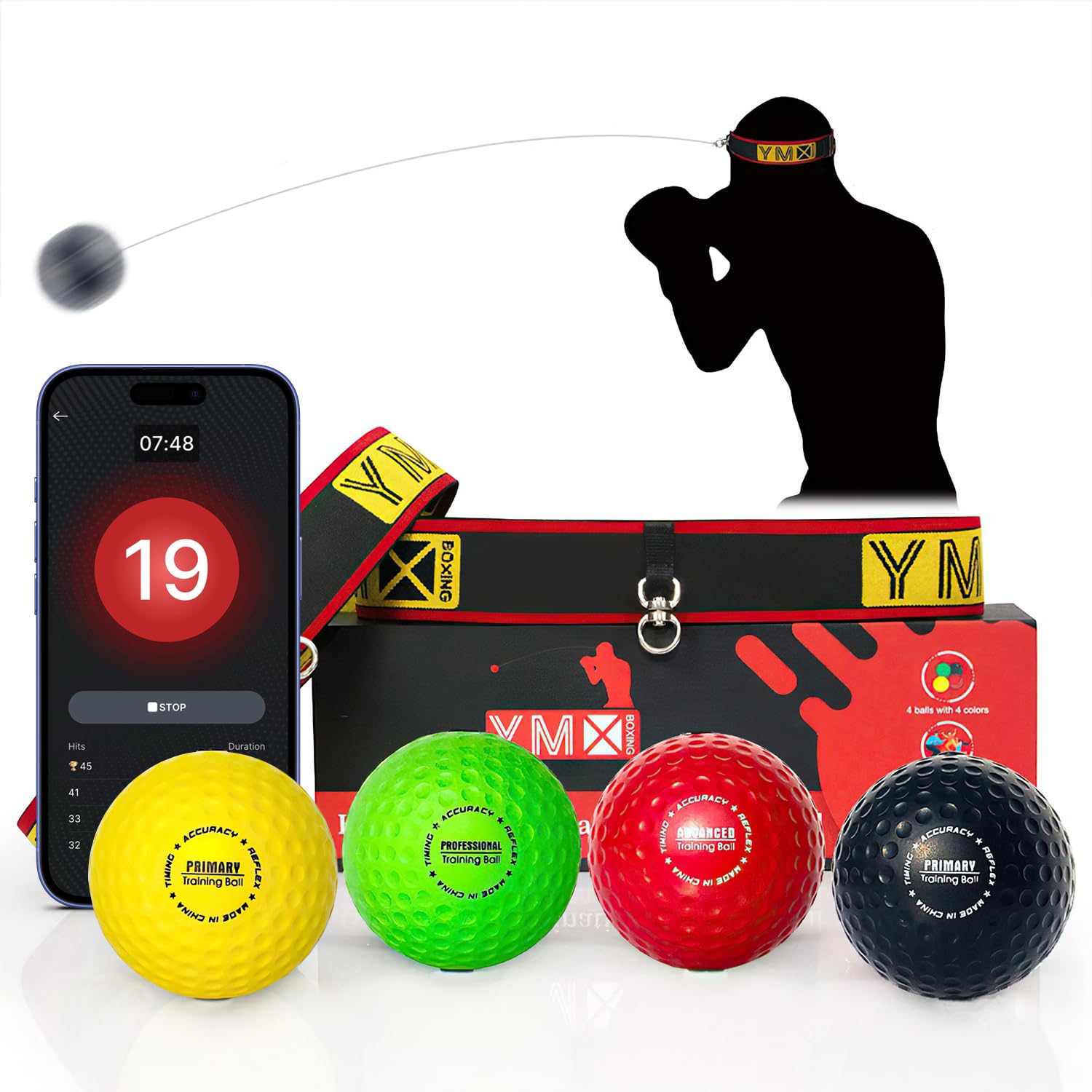 Photo 1 of YMX BOXING® Ultimate Reflex Ball Set with Counter App - 4 React Reflex Ball Plus 2 Adjustable Headband, Great for Reflex, Timing, Accuracy, Focus & Coordination Training for Boxing, MMA and Krav Mega
