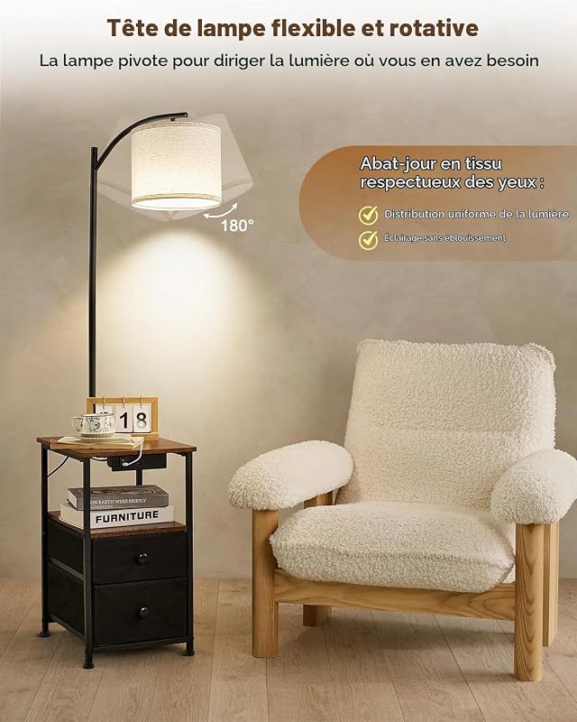 Lampadaire avec Table et 2 tiroirs, Lampe de Chevet avec Station de Charge USB et Type C, lampadaire à 3 températures de Couleur avec Abat-Jour réglable, Lampe LED pour Salon et Chambre