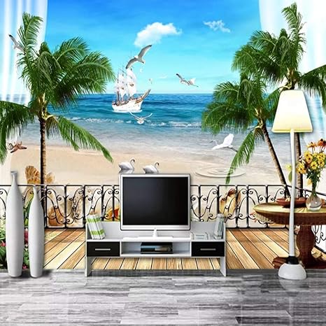 YiShuQiang Wallpaper Fototapeten Küsten-Kokosnuss-Baum-Dampfer-Meerblick-Wand Wandbilder Wohnzimmer Schlafzimmer Büro Flur De