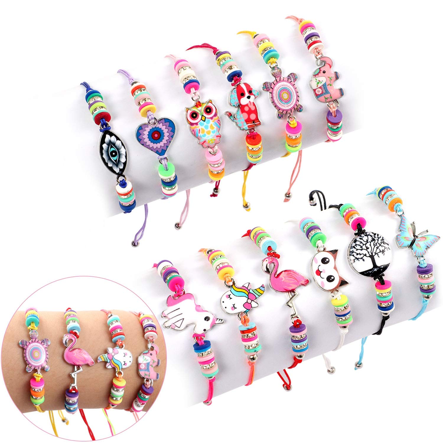 Lorfancy 12 Pcs Kids Girls Bracelets Jewelry Animal Pendant Unicorn Owl Cute Bracelet Multicolor Rhinestone Woven Friendship Bracelets for Party Favors Pretend Play Bracelets Kids