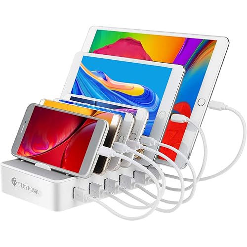 Charging Station for Multiple Devices, 6 USB Fast Ports and 6 Mixed USB Cables Included, for iPhones, Airpods,Mini iPads, and Other Electronics, White