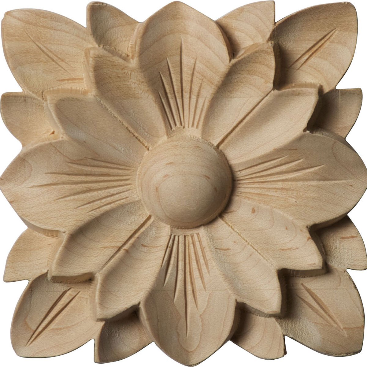 Ekena Millwork ROS04X04SPRW Springtime Square Rosette, 4 1/4"W x 4 1/4"H x 5/8"P, Rubberwood