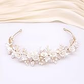 Oriamour Gold Bridal Headbands Wedding Headpieces With Ceramic Flowers Wide Pearl Wedding Hair Accessories For Women And Girls