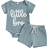 POZMTIORE Newborn Infant Baby Boy Summer Outfit Little Bro Letter Print Stripes Romper Shorts Set 2Pcs Clothes Set 3 6 12 18M