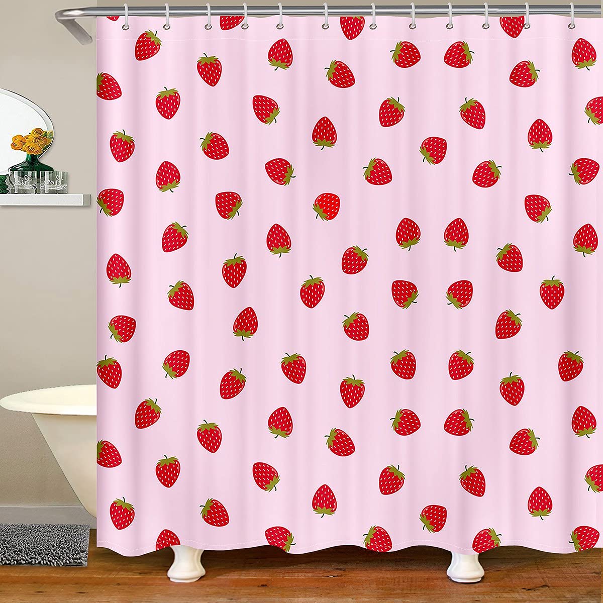 Loussiesd Strawberry Bathroom Shower Curtain Set Girls Pink Cute Fruit Shower Curtain Kids Teens Strawberries Stripes Bath Curtain Polyester Stalls Waterproof Curtain Bathtubs 180x200cm