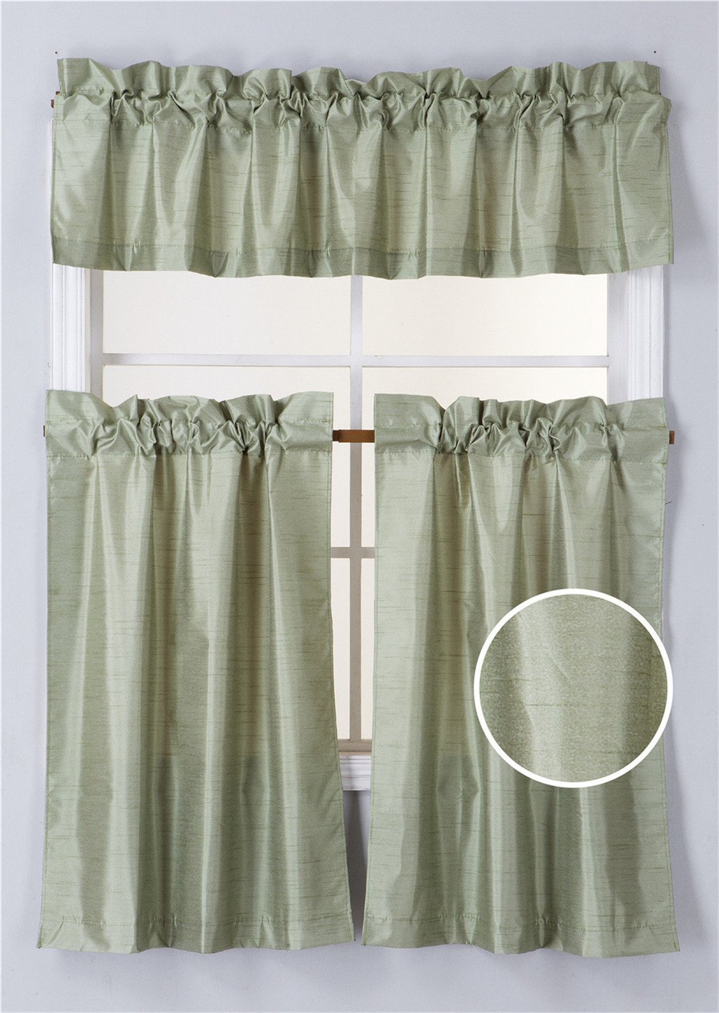 Elegant Home Collection 3 Piece Solid Color Faux Silk Blackout Kitchen Window Curtain Set with Tiers and Valance Solid Color Lined Thermal Blackout Drape Window Treatment #K3 (Sage Green)