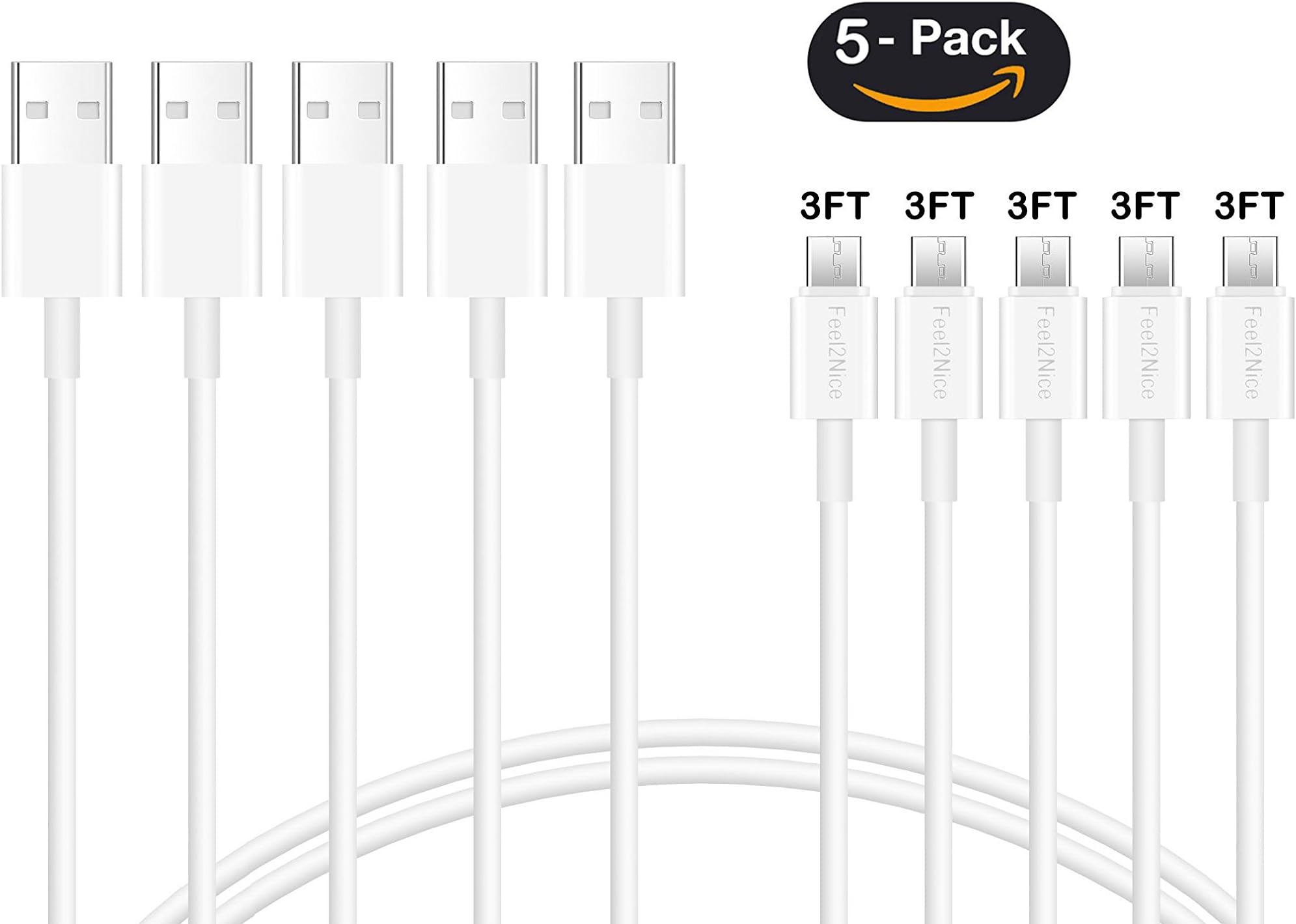 Micro USB Cable, Feel2Nice 3Ft 5 Pack Micro USB to USB Cable{Max 3A}, A Male to Micro B Charge and Sync Cord for Android, Samsung Galaxy S7 S6 Edge, HTC, Sony, Nokia, PS4, LG, BlackBerry and More