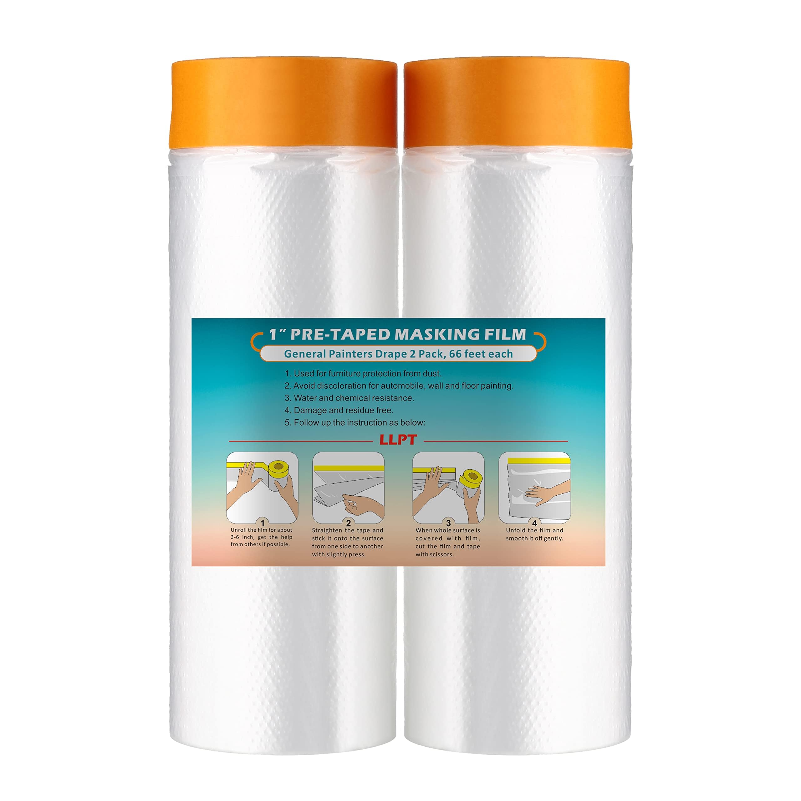 LLPT Tape and Drape Pre-Taped Masking Film | 2-Pack | 150cm(Unfolded) x 20m | Versatile Painter's Plastic Dust Sheets | for Auto Wall Furniture Painting and Spraying Protection (MFT1502)