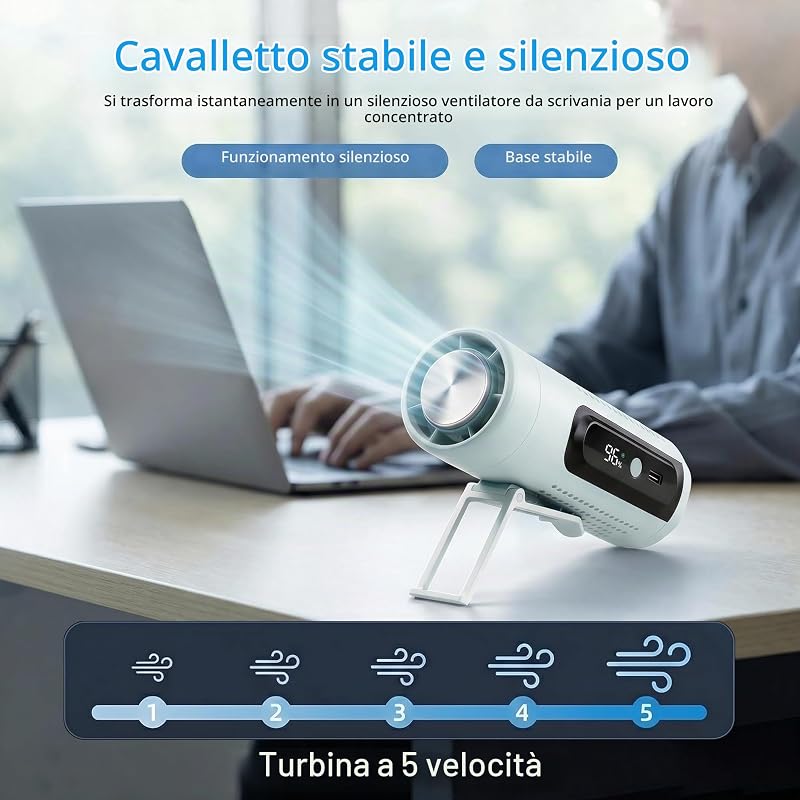 Mini Ventilatore Portatile 3 in 1 con Piastra Raffreddante, 5 Velocità, Display LED, USB-C, Clip, Supporto e Torcia, Ricaricabile per Viaggio Ufficio Campeggio Tascabile (Blu) — foto 5 di 8