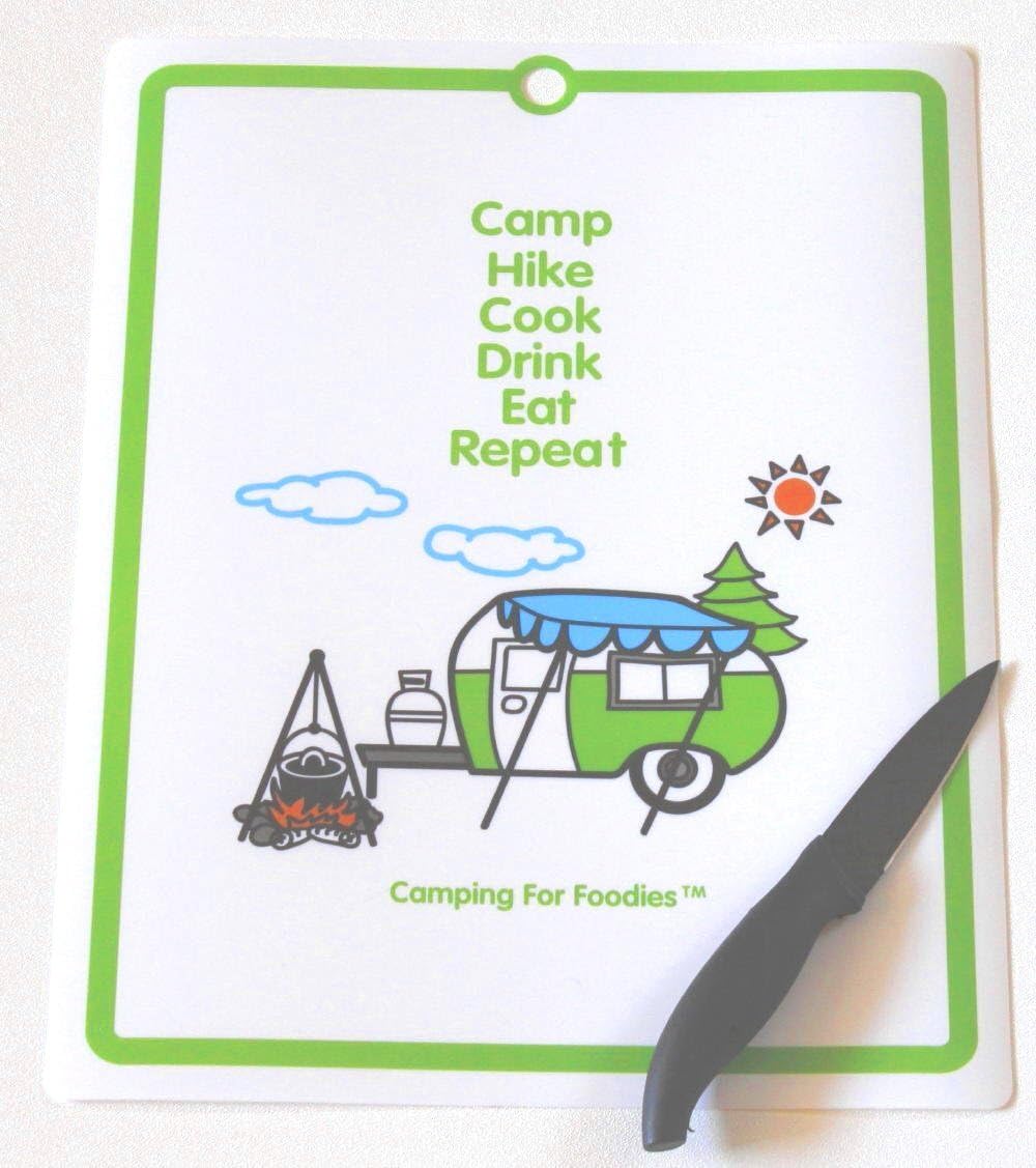 Camping For Foodies Flexible Cutting Mat with Retro RV Camper Theme Design. Fun Message. Camp, Hike, Cook, Drink, Eat, Repeat.