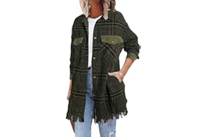 SHEWIN Womens Casual Plaid Shacket Long Sleeve Button Down Oversized Shirt Jacket Coat