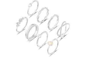 RLMOON 8PCS 14K Gold/Silver Rings Set for Women Non Tarnish Dainty CZ Simulated Diamond Ring Eternity Wedding Band Gold Stackable Thumb Rings Size 4-12