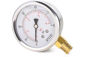 BPSSDI 0-60 Psi Pressure Gauge, Glycerin Filled, Water Pressure Gauge, 2-1/2" Dial, 1/4" NPT Lower Mount, Stainless Steel Case, for Pneumatic Regulator Air Compressor RV Regulator Water Pressure Test