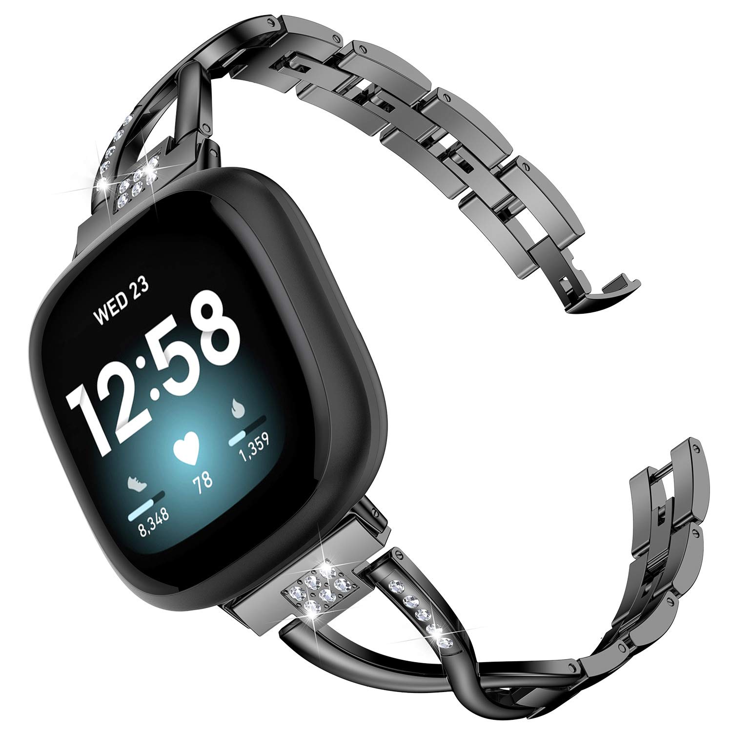 Wearlizer Compatible with Fitbit Versa 4/ Versa 3/ Sense 2/ Sense Strap for Women Dressy Metal Replacement Wristbands Bands Bling Rhinestone Bracelet Band for Fitbit Versa 4 Smartwatch, Black