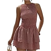 GORGLITTER Women's Gingham Mini Dress Cute Tiered Ruffle Hem Smocked Plaid A Line Vacation Short Tank Dresses