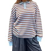 Womens Y2k Striped Rugby Polo Shirt Long Sleeve Oversized Collared Sweatshirts Casaul Pullover Knit Tops