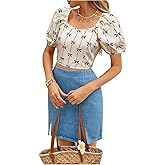 OYOANGLE Women's Bow Print Short Puff Sleeve Blouse Square Neck Criss Cross Backless Crop Top