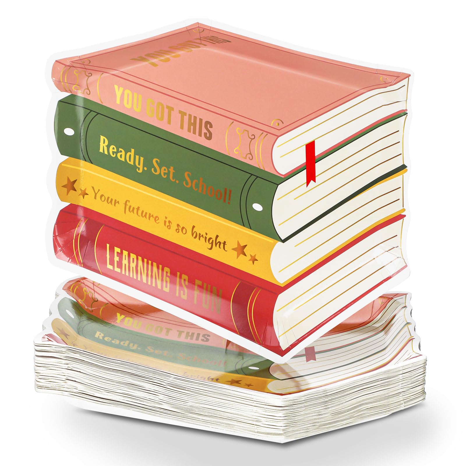 Photo 1 of Zhehao 50 Pcs Back to School Paper Plates Teacher Appreciation Plates First Day of School Dinnerware Party Supplies Year Pre K Kindergarten Preschool Graduation Party (Stack of Books)