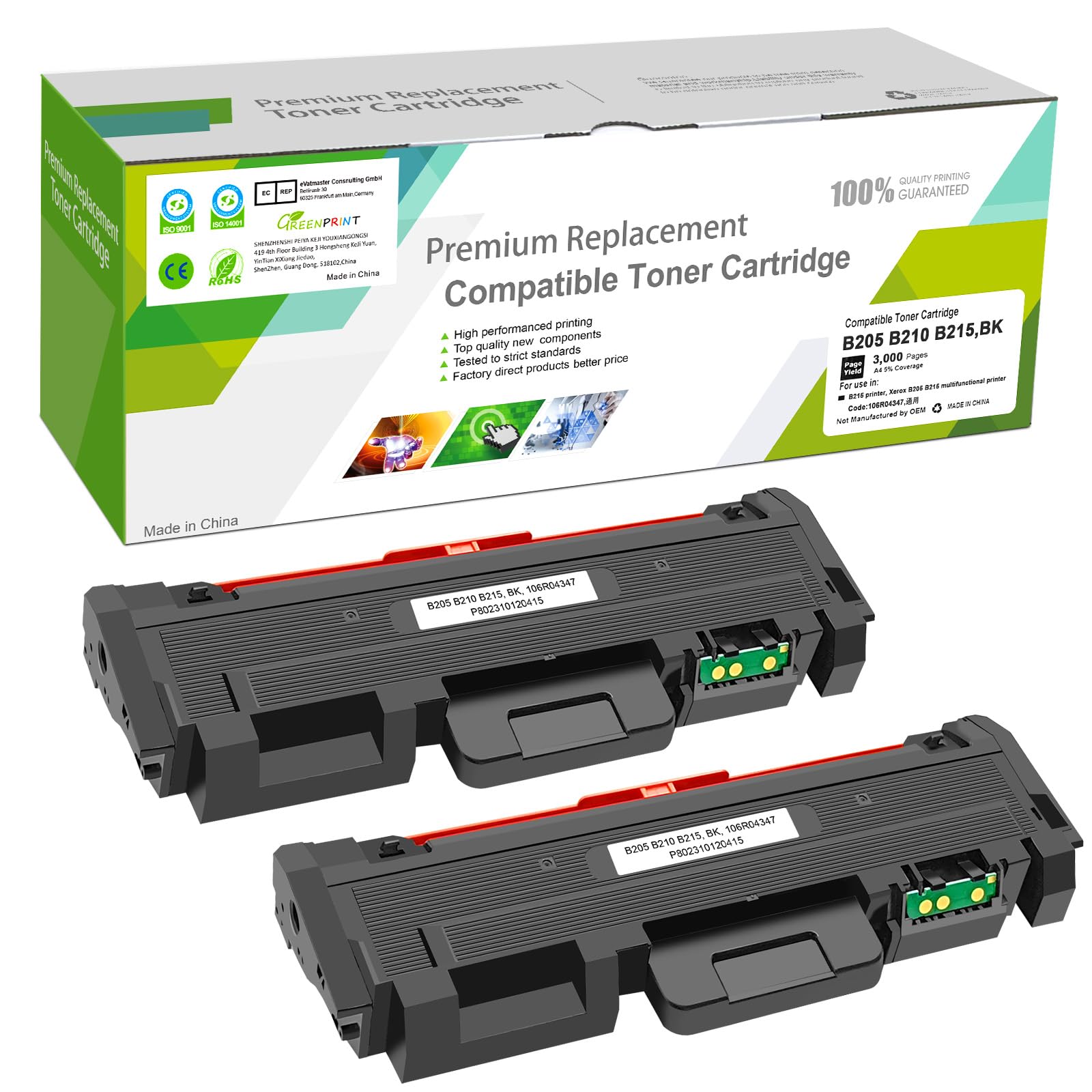 GREENPRINT Compatible Toner Cartridges 2 Black B205 B210 B215 High Capacity 3000 Pages for Xerox B215DNI B205NI B210DNI multifunction printer 106R04347