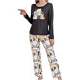 SOLY HUX Women's Cartoon Graphic Pajama Set Cute Cat Print Sleepwear Long Sleeve Tee Tops and Pants Loungewear