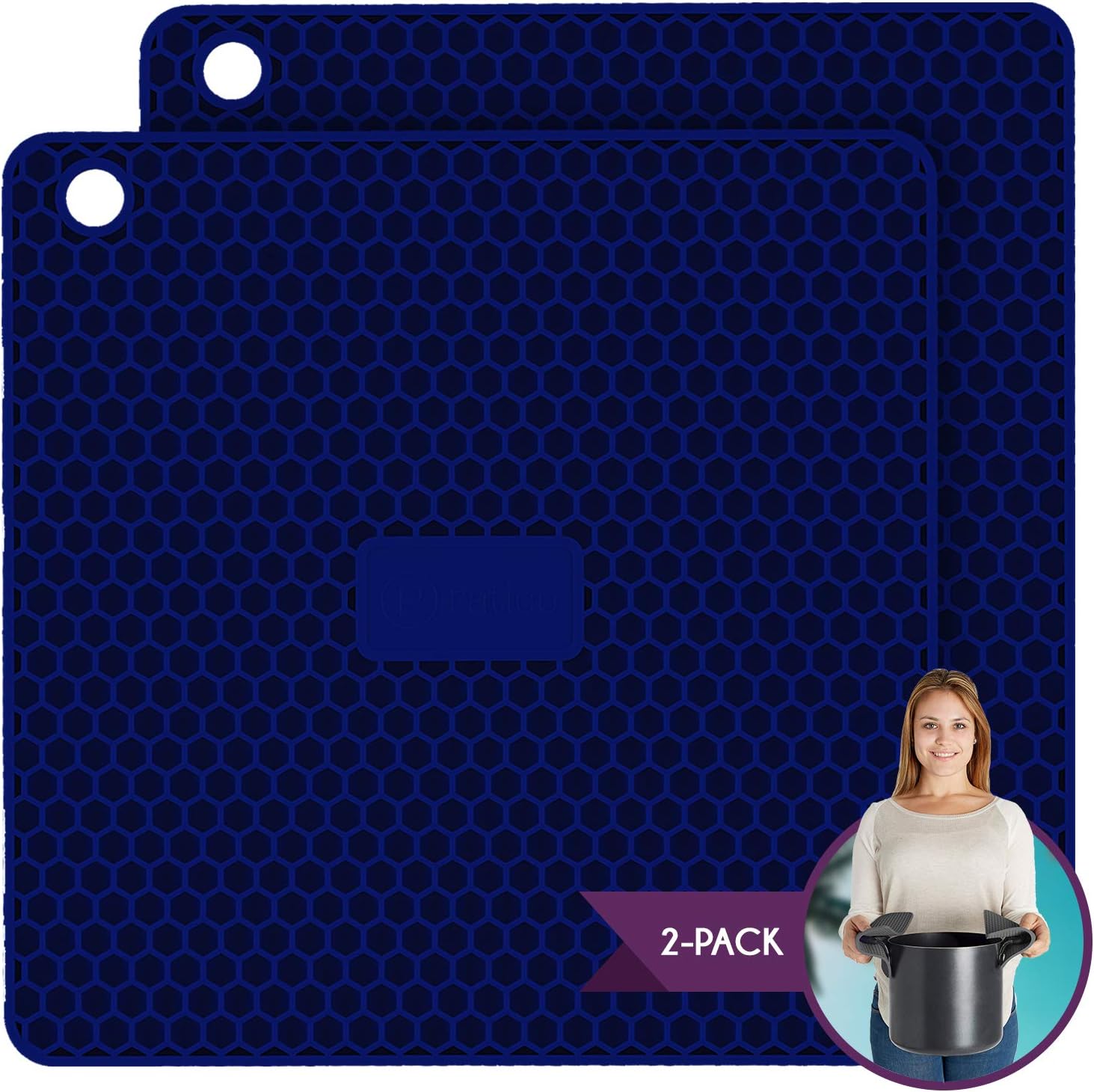 Pratipad PLUS 4-in-1 Multipurpose Silicone Pot Holders, Trivets, Jar Openers, Spoon Rests - Extra Thick Protection - Set of 2 Navy Blue: Office Products