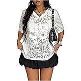GORGLITTER Women's Lace Jersey Shirts Number Graphic Sheer Mesh Short Sleeve V Neck Oversized T Shirt